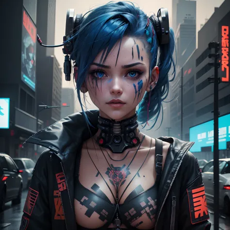 Cyberpunk, damged, robot, dead robot, wires, lose a part of her face in war, wires came out in the lose part of face, trashed, cyberpunk damged, trashed in a big garbge, blue hair, tattoo on a part of her face, cyber tattoo, numbers, sexy girl tattoo on he...