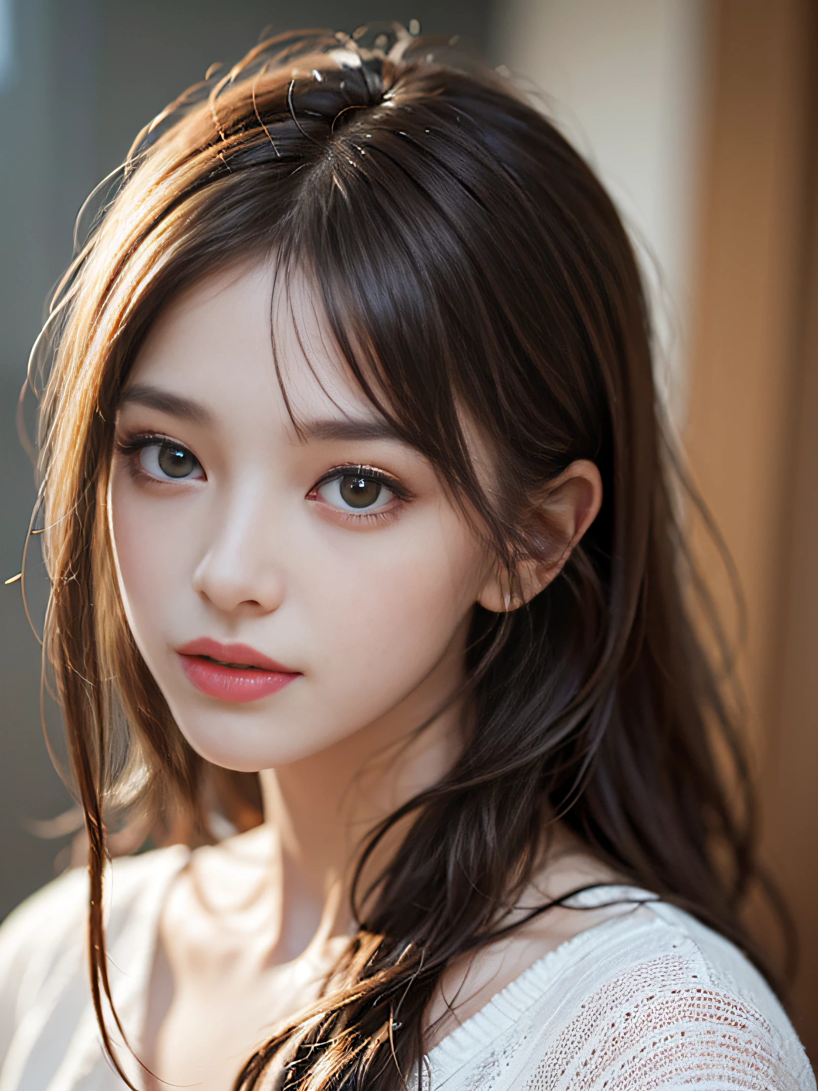 Film Portrait Photography、1girl、shirt、Wavy shoulder-length hair、gentle、merciful、Gentle gaze、(Realistic detailed eyes、Natural skin texture、Realistic face details)、Soft dramatic lighting、Depth-of-field、Bokeh、Vivid details、detail、hyper-realistic、35mm film、blur