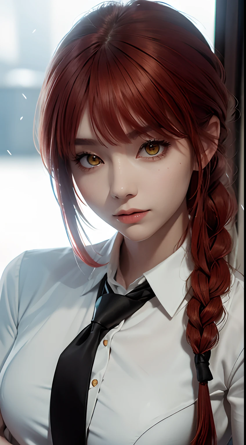 masterpice, best quality,a raw photo of a stylish woman, makima \(chainsaw man\), she is young, she is cute, she is wearing a white shir, (she is wearing a black tie), she has an braid, she has an soft expression, soft smile, she is red haired, (yellow eyes), sensual, gentle, feminine, photorealistic, (perfect face), expressive eyes, award winner image, perfect lighting, great composition, 4k, perfect color scheme,asthetic, volumetric, perfect skin, badass,