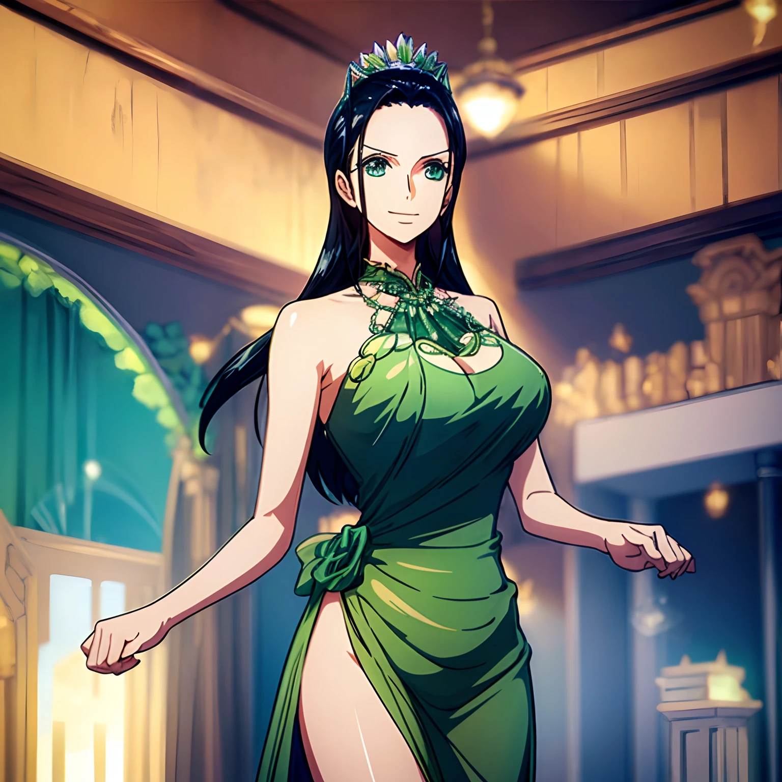 Alone at home, wearing a  green short  chiffon dress, with a transparent and embellished round neckline, and long transparent shoulders,Masterpiece, Best Quality, Volumetric Lighting, Dynamic Standing, Detailed Clothes, Detailed Face, Detailed Eyes