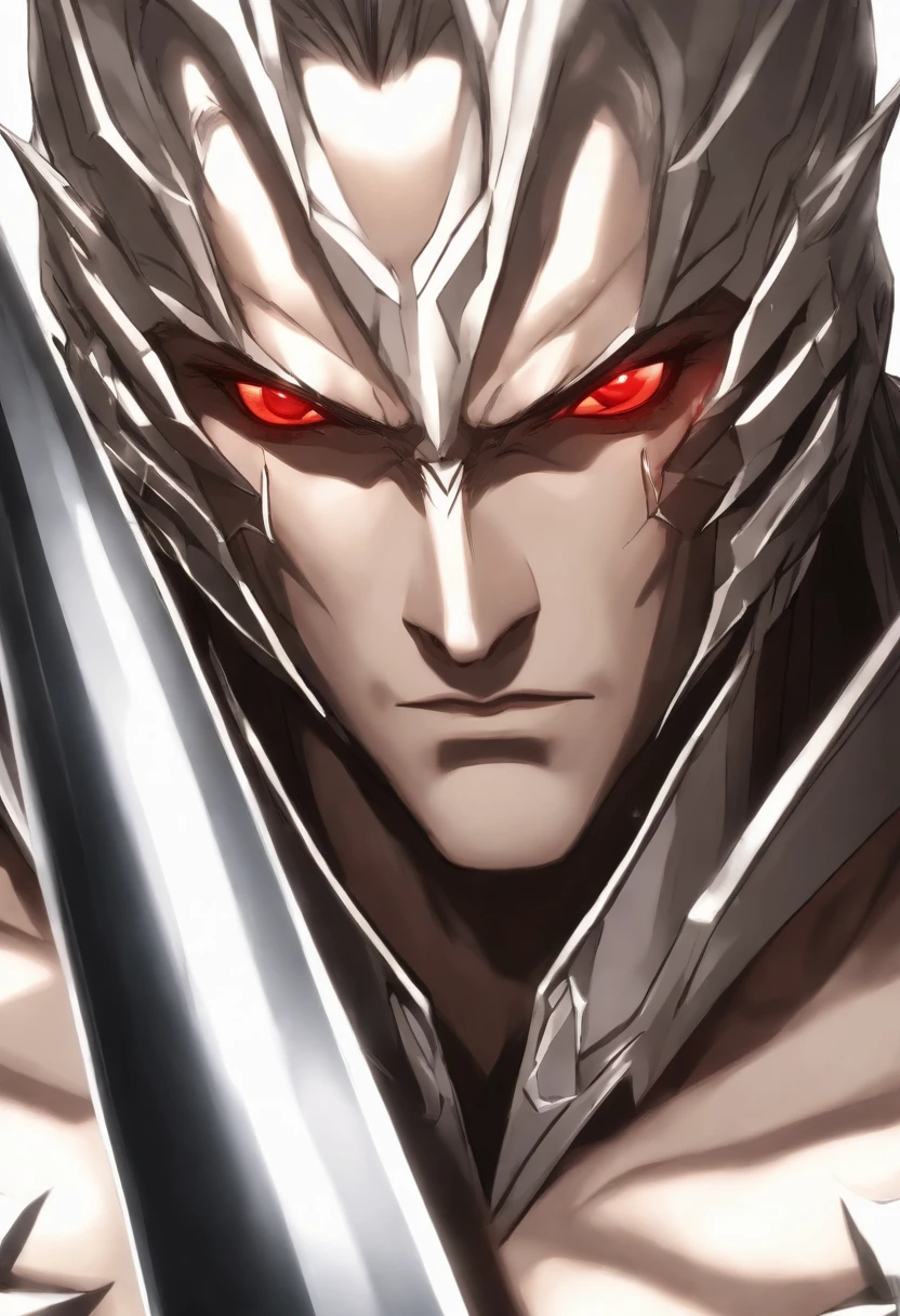 A close up of a man with a sword and red eyes - SeaArt AI