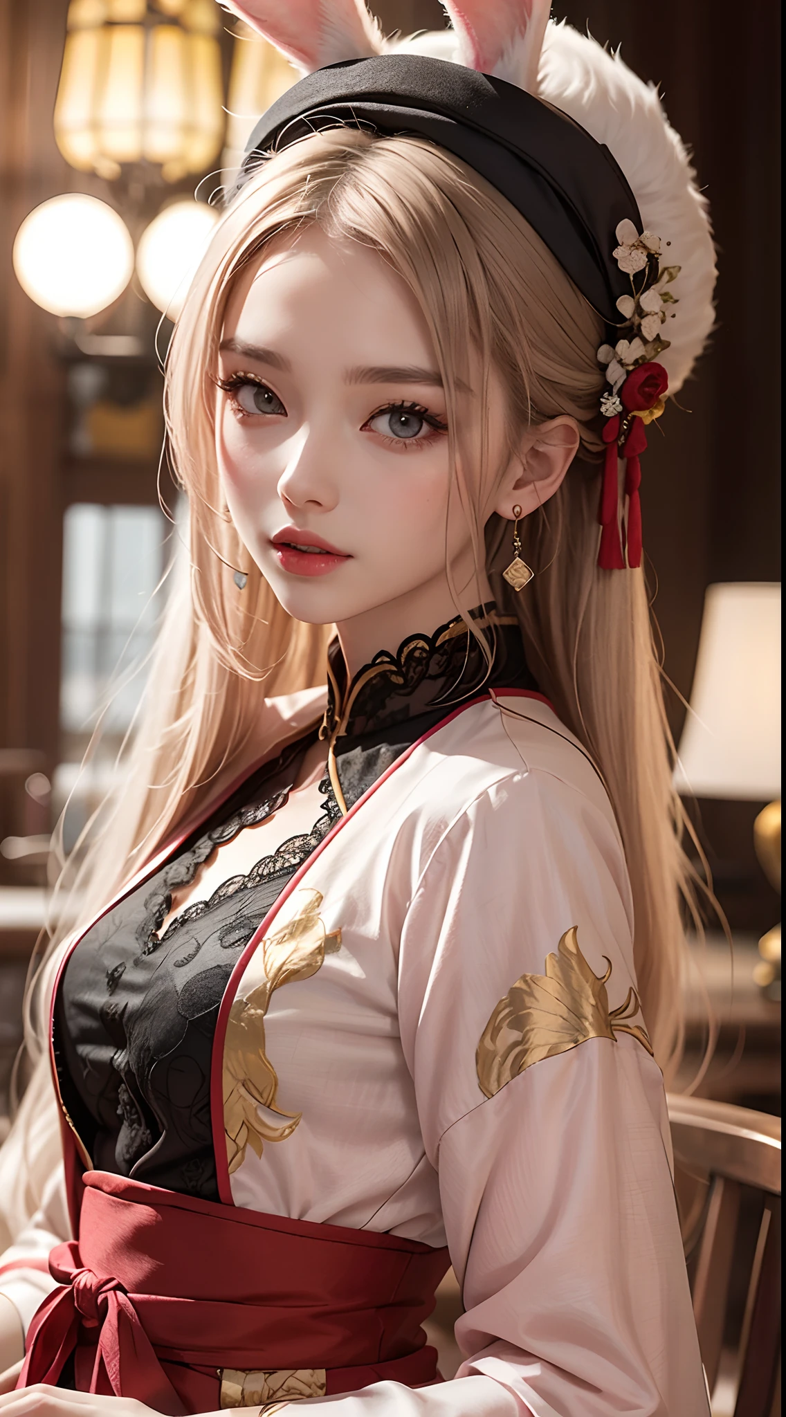 Una chica impresionante con un traje tradicional de hanfu, adornado con una fina camisa de seda roja con intrincados motivos amarillos. Su top de encaje negro añade un toque de elegancia a su outfit, mientras que sus orejas de conejo de color rosa claro añaden un elemento lúdico. Su largo cabello está teñido de un platino púrpura pálido, y está adornado con hermosas joyas para el cabello. Su bonito rostro se acentúa con sus rasgos perfectos, y sus joyas de aretes le dan un toque final de belleza.