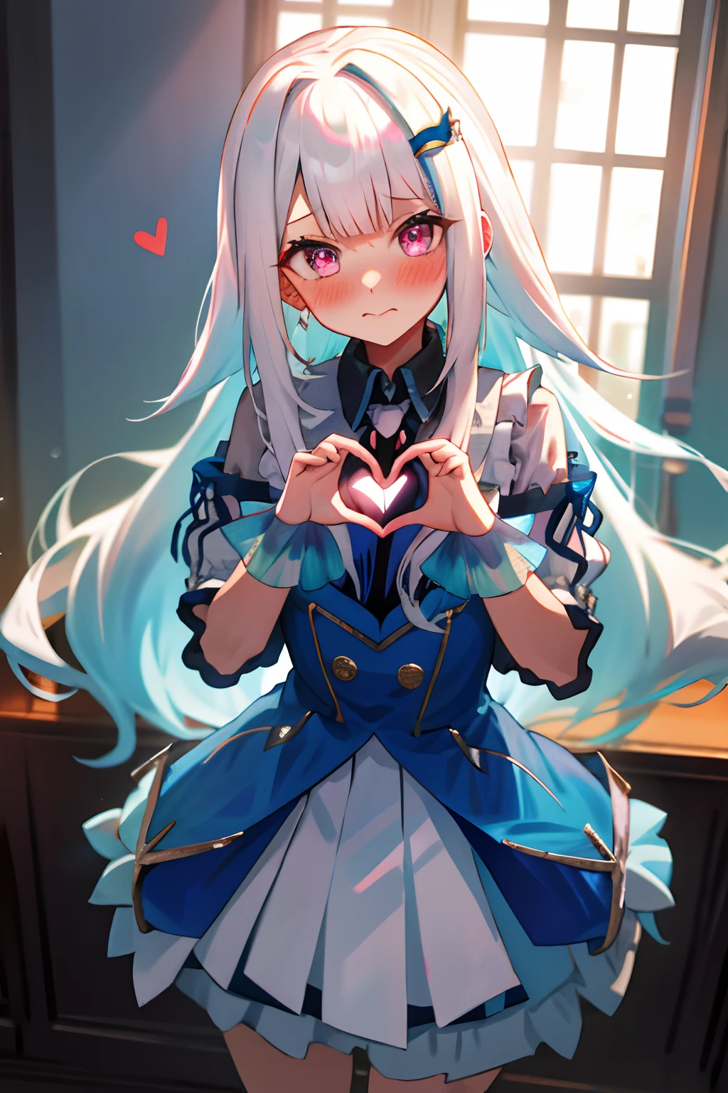 One girl with long hair, white hair, looking at viewer, embarrassed, blushing, indoor , idol dress, idol pose, hair accessories, mini skirt, heart shaped hands