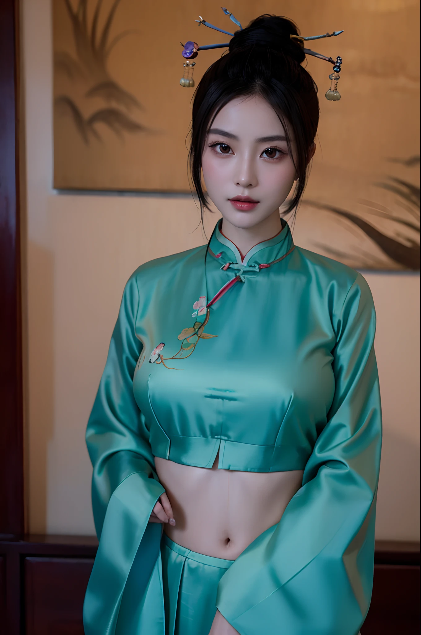 美しい女の子、髷,中国の髪飾り:1.4,中国のヘアピン:1.4,へそ,高画質、一眼レフで撮ったような、巨乳美女、官能的なボディ、中国の服、スリット、伝統的なチャイナドレスを着た女性を描いた芸術作品を描く