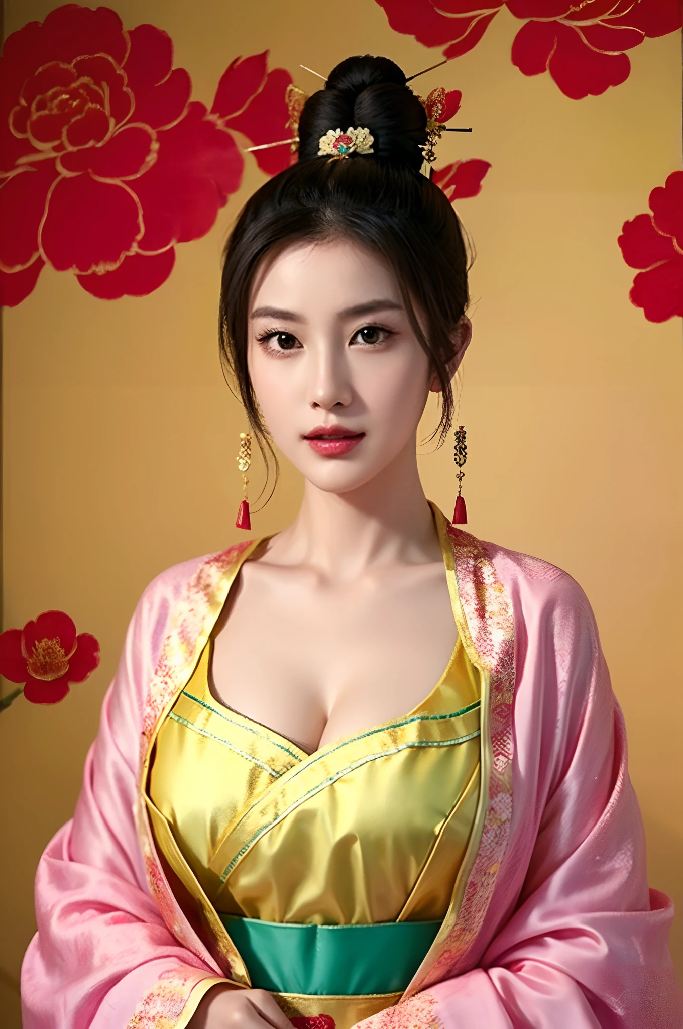 beautiful a girl、topknot,Chinese hair ornament:1.4,Chinese hairsticks:1.4,high-level image quality、Like a shot with an SLR、big breast beauty、Sensual body、chinese clothes、slit、Painting a work of art depicting a woman in a traditional cheongsam