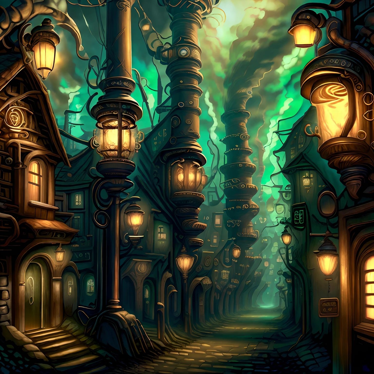 Modèle RPG CeltPunkAI ,GasLampFantasyAI , Une large rue la nuit, éclairé par des lampes à gaz; , Vous pouvez voir une large route et des maisons peintes de motifs; , Lumière de devant .