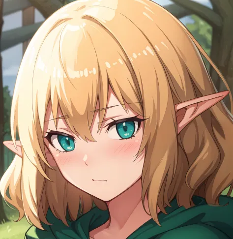 hiquality, tmasterpiece (One elven girl) Sullen face. Short Hair Hair. blonde woman. Cyan eyes. green raincoat. long ears. in front of a forest background