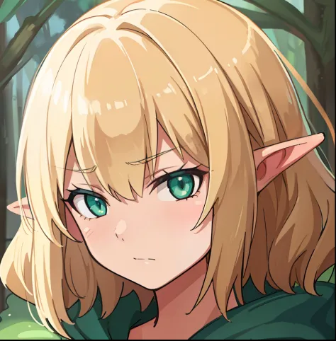 hiquality, tmasterpiece (One elven girl) Sullen face. Short Hair Hair. blonde woman. Cyan eyes. green raincoat. long ears. in front of a forest background