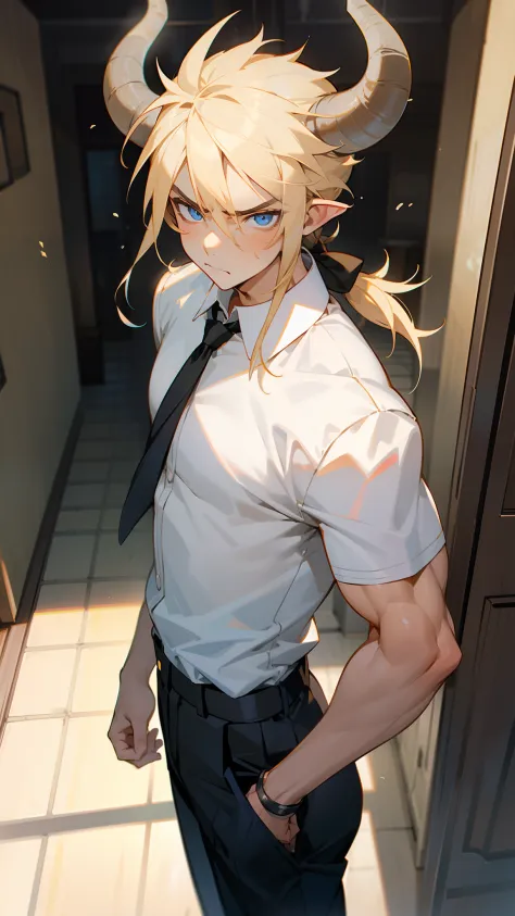masterpiece, best quality,teen boy, blue eyes, white shirt, black pants ,black tie,long hair, blonde hair, horns,angry face,((small muscular, boy with muscles)),walking in a school hallway,cowboy shot,close-up