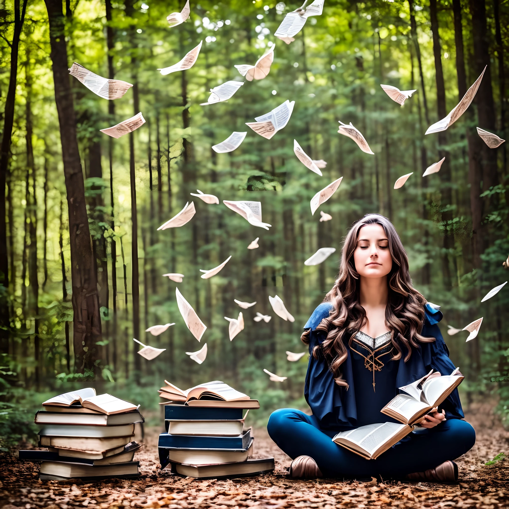 a woman sitting on the ground surrounded by books, flying books, books  flying around, dramatic reading spell book pose, high quality fantasy -  SeaArt AI