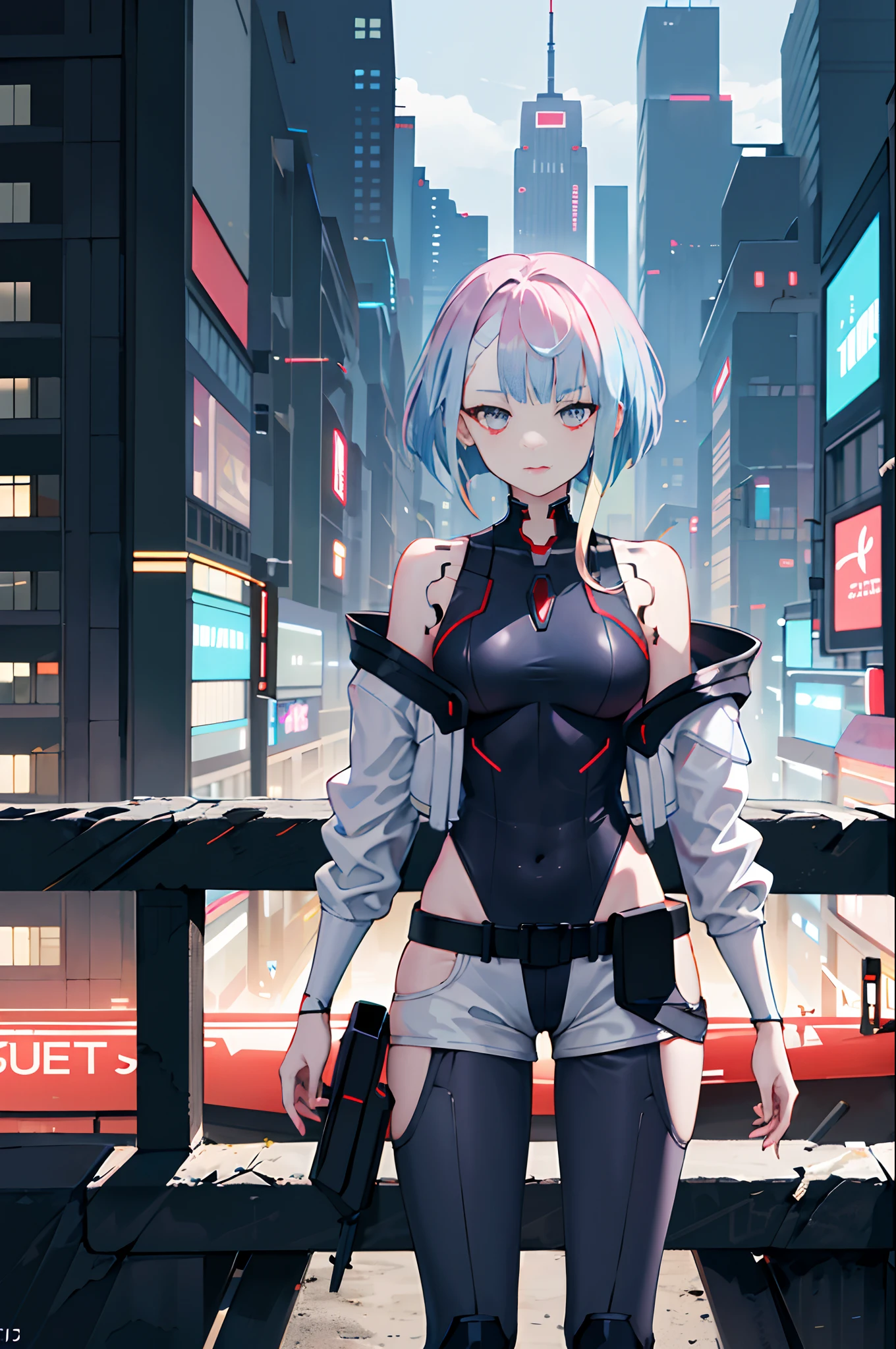 masterpiece, best quality, highres, lu1, cyborg, multicolored hair, makeup, bare shoulders, black leotard, highleg leotard, (thong:1.1), white jacket, open jacket, belt, shorts, cowboy shot, cyberpunk, standing,