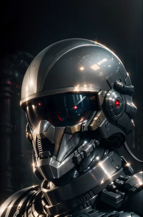 official art, unity 8k wallpaper, ultra detailed, aesthetic, masterpiece, best quality, hyperrealistic and intricate detail, ((portrait of a military nousr robot)), warframe, ((full robot helmet)), character design, ((detailed helmet)), in the style of die...
