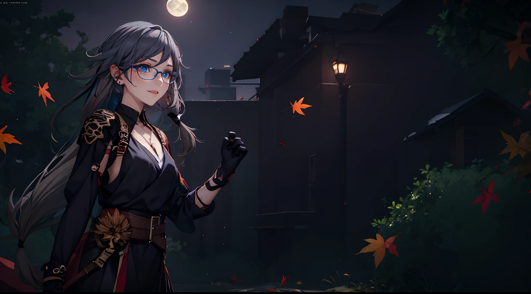 Fu Hua(Rustic Noir), (grey hair, long hair:1.7), (sweating:1.4), glasses, maple_leaf, leaf, autumn_leaves, 1girl, moon, gloves, night, breasts, solo, falling_leaves, looking_at_viewer, black_gloves, holding_leaf, outdoors, makeup, autumn, sky, long_sleeves, night_sky, holding, large_breasts, tree, standing, jewelry, ribbon, dress, lipstick, glow effects, godrays, Hand drawn, render, 8k, octane render, cinema 4d, blender, dark, atmospheric 4k ultra detailed, cinematic, Sharp focus, big depth of field, Masterpiece, colors, 3d octane render, 4k, concept art, trending on artstation, hyperrealistic, Vivid colors, extremely detailed CG unity 8k wallpaper, trending on CGSociety, Intricate, High Detail, dramatic