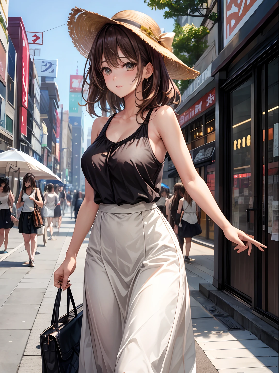 top-quality、Full limbs、complete fingers、one beautiful women、Beautiful Large Breasts、Medium Hair、((Random hair))、Brown hair、Black Sleeveless Tops、Long skirt in beige color、Shibuya、sexypose、Crisp face、Fashionable hats、Walking