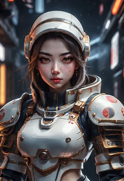 (best quality, highres, ultra-detailed), realistic, HDR, cute, detailed eyes and face, detailed lips, long eyelashes, Elfa girl, beautiful features, curvy body, Samurai outfit and armor, astronaut suit, looking directly at the viewer, intense gaze, emotion...