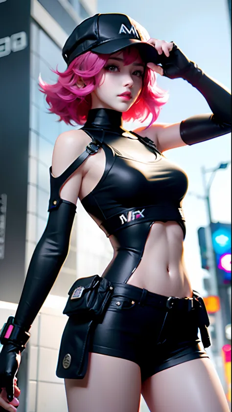 Beautiful woman medium hair, wearing cap, cyberpunk style short clothes