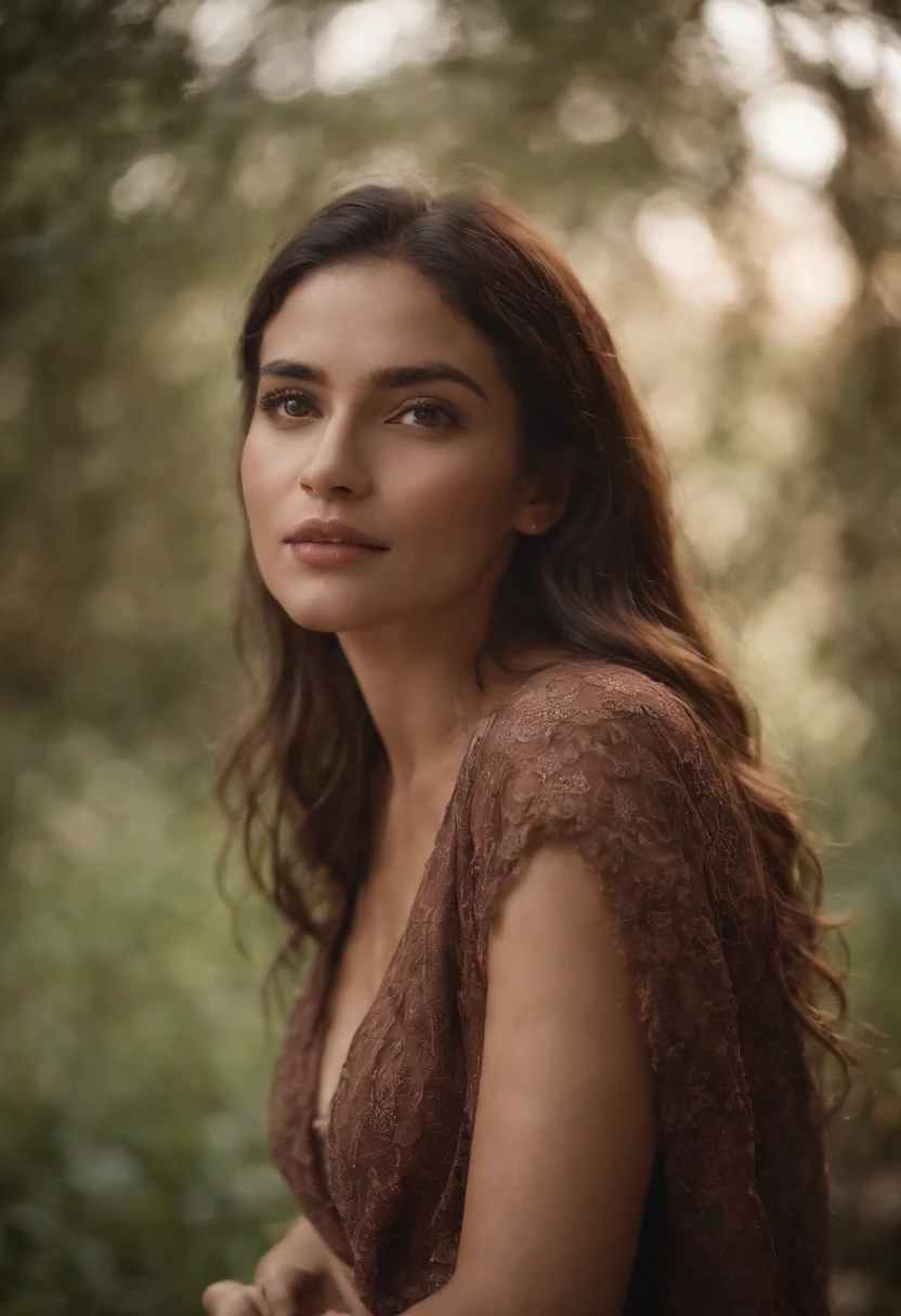 A woman with long hair and brown dress posing for a picture - SeaArt AI