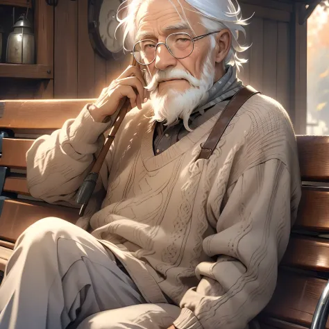 an elderly man, wise expression, wrinkles, silver beard, weathered hands, spectacles, gray hair, sitting on a bench, gentle smil...