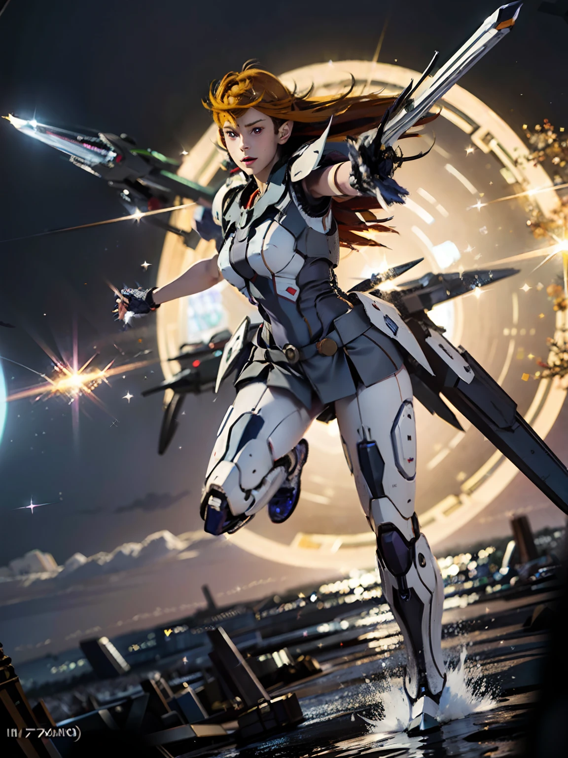 Textured skin, Super Detail, high details, High quality, Best Quality, hight resolution, 1080p, hard disk, a beauty、She wears a futuristic Gundam mecha(Gundam),Orange hair, purple eyes,Holding a spear