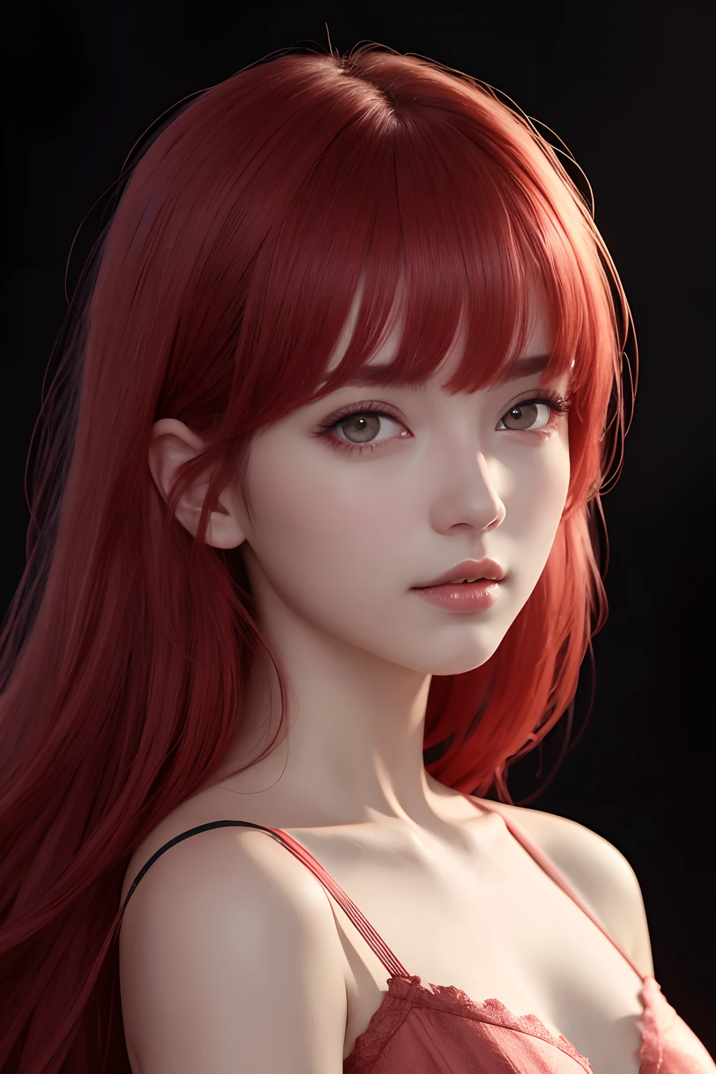 2girl adult, star eye, blush, perfect illumination, red hair, red eyes, unreal engine, sidelighting, detailed face, bangs, bright skin, simple background, dark background,