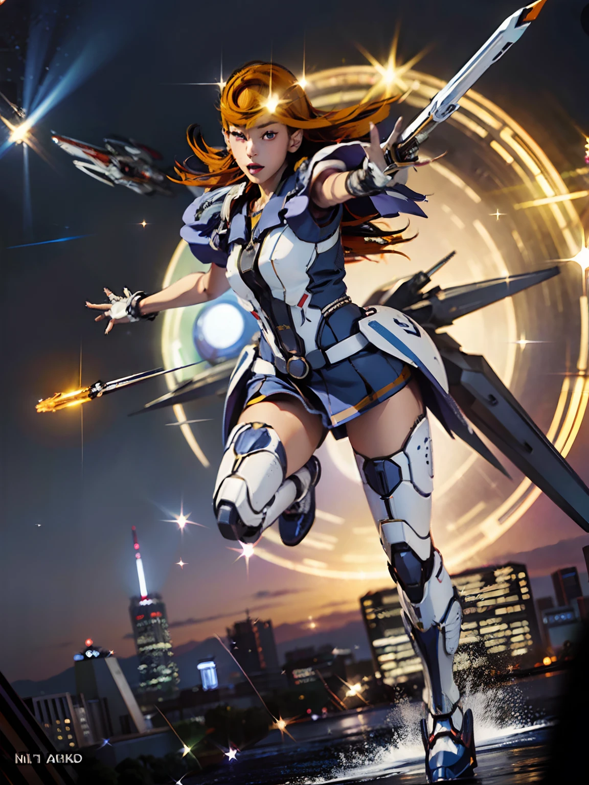 Textured skin, Super Detail, high details, High quality, Best Quality, hight resolution, 1080p, hard disk, a beauty、She wears a futuristic Gundam mecha(Gundam),Orange hair, purple eyes, Holding a spear