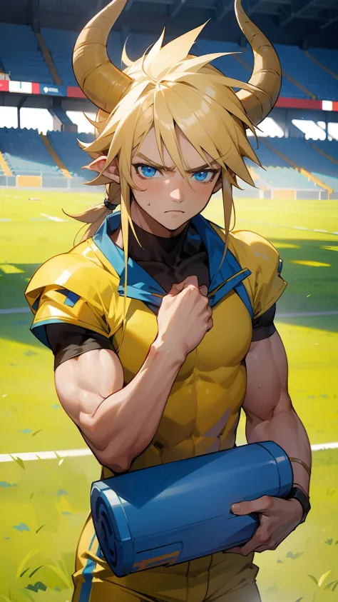 masterpiece, best quality,teen boy, blue eyes, yellow football outfit,long hair, blonde hair, horns,serious face,((small muscular, boy with muscles)),standing in a school stadium,cowboy shot,close-up