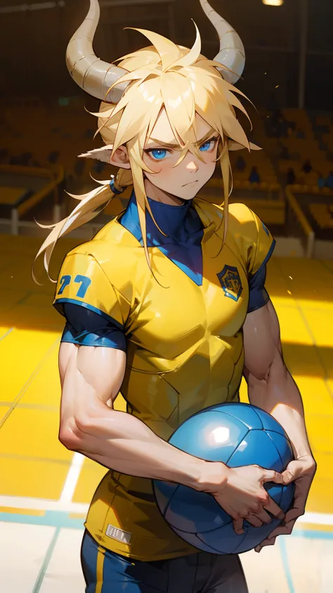 masterpiece, best quality,teen boy, blue eyes, yellow football outfit,long hair, blonde hair, horns,serious face,((small muscular, boy with muscles)),(standing in a football stadium),cowboy shot,close-up