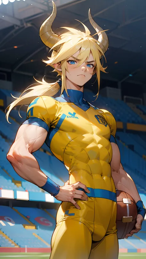 masterpiece, best quality,teen boy, blue eyes, yellow football outfit,long hair, blonde hair, horns,serious face,((small muscula...