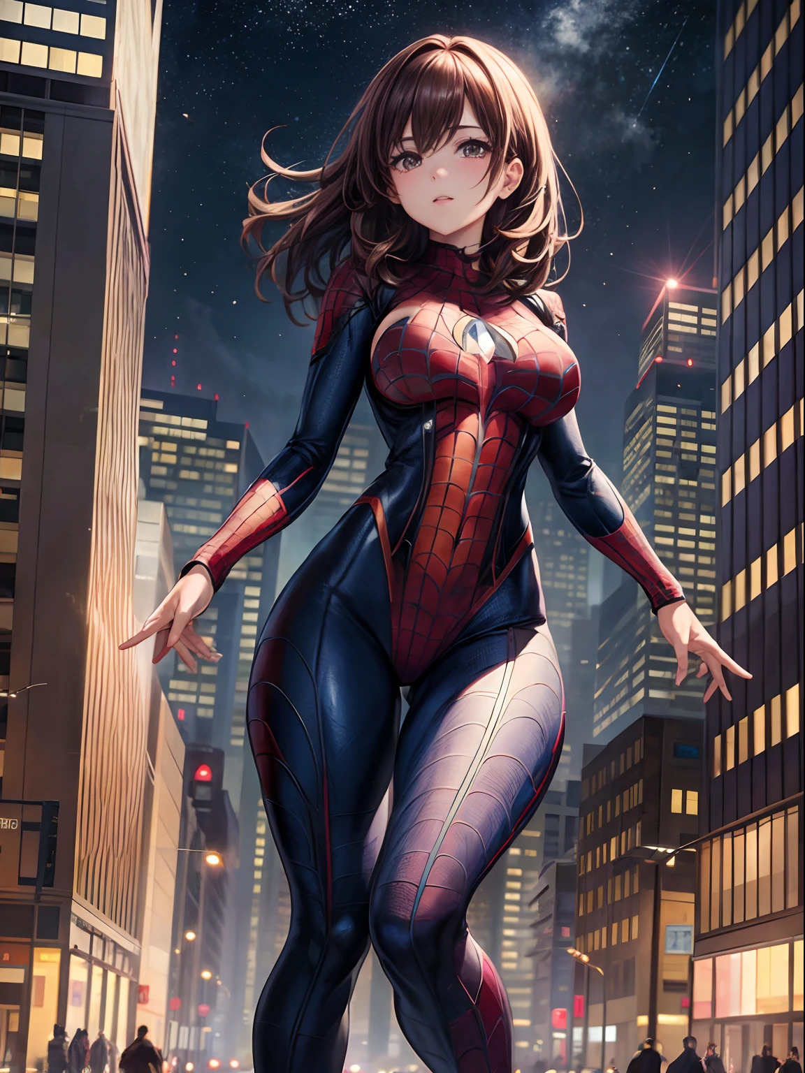 top-quality、Full limbs、complete fingers、one beautiful women、Beautiful Large Breasts、Medium Hair、Random hair、Brown hair、Spider-Man's full-body costume、night skyscraper、Flight between buildings