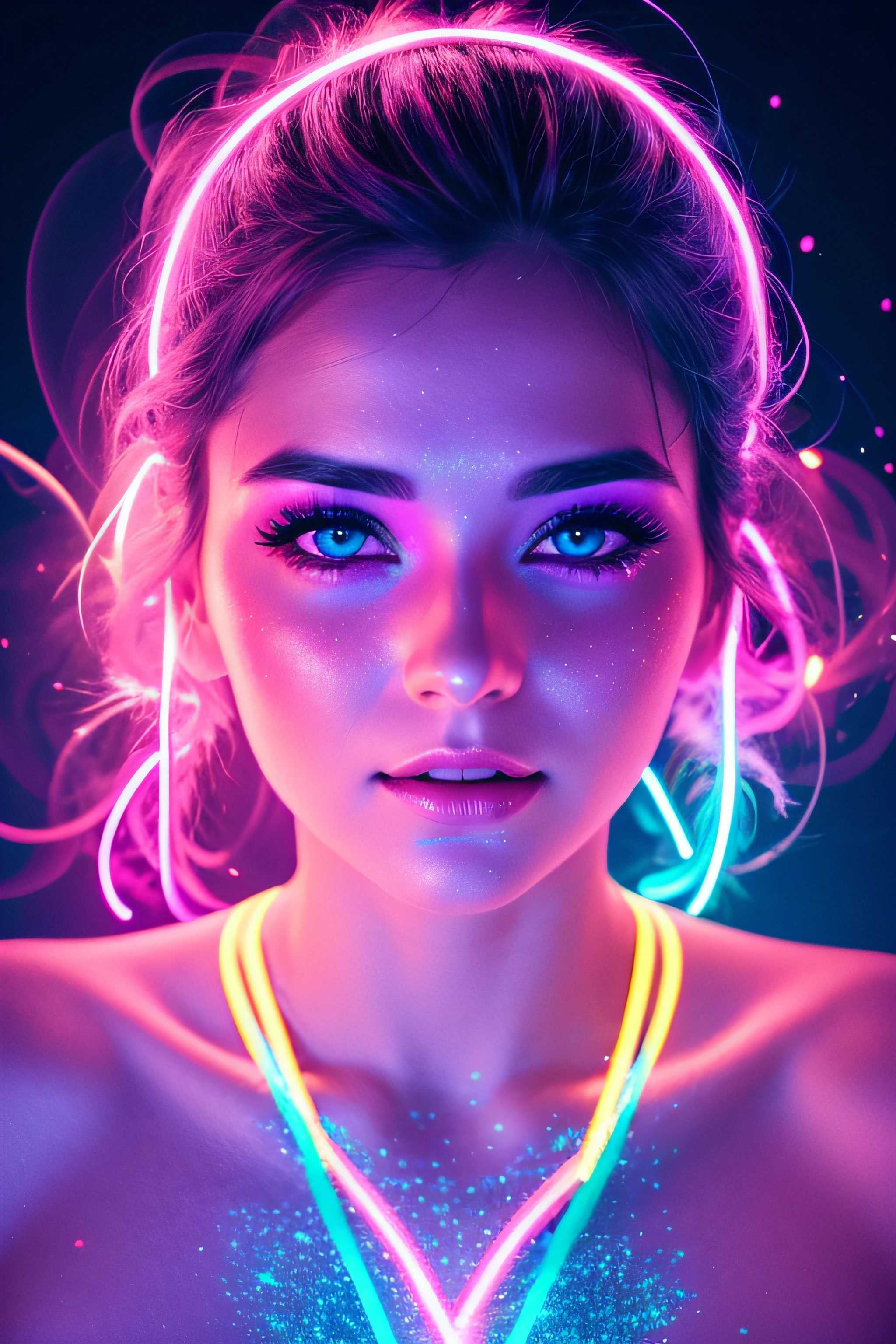 وجه امرأة جميلة تبلغ من العمر 30 عامًا مضاء بأضواء ملونة وخلفية واقعية وألوان زاهية وخلفية غبار لامعة باللون الوردي النيون والأزرق النيون مع بخار الدخان الوردي والأزرق