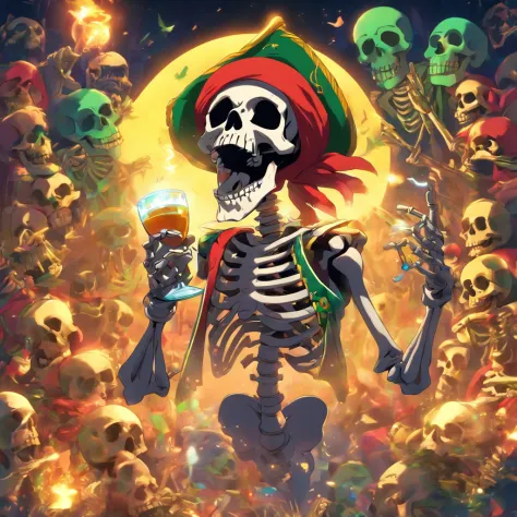 reggae, illustratio,Matte Effect[Matte Fukuto][Matt Fukuto], artistic,Singing, microphone, alcohol,skull, captain, Reggae skeletons are singing,livestream, banquet,wall paintings, goblet, a pirate, Skeleton Mask