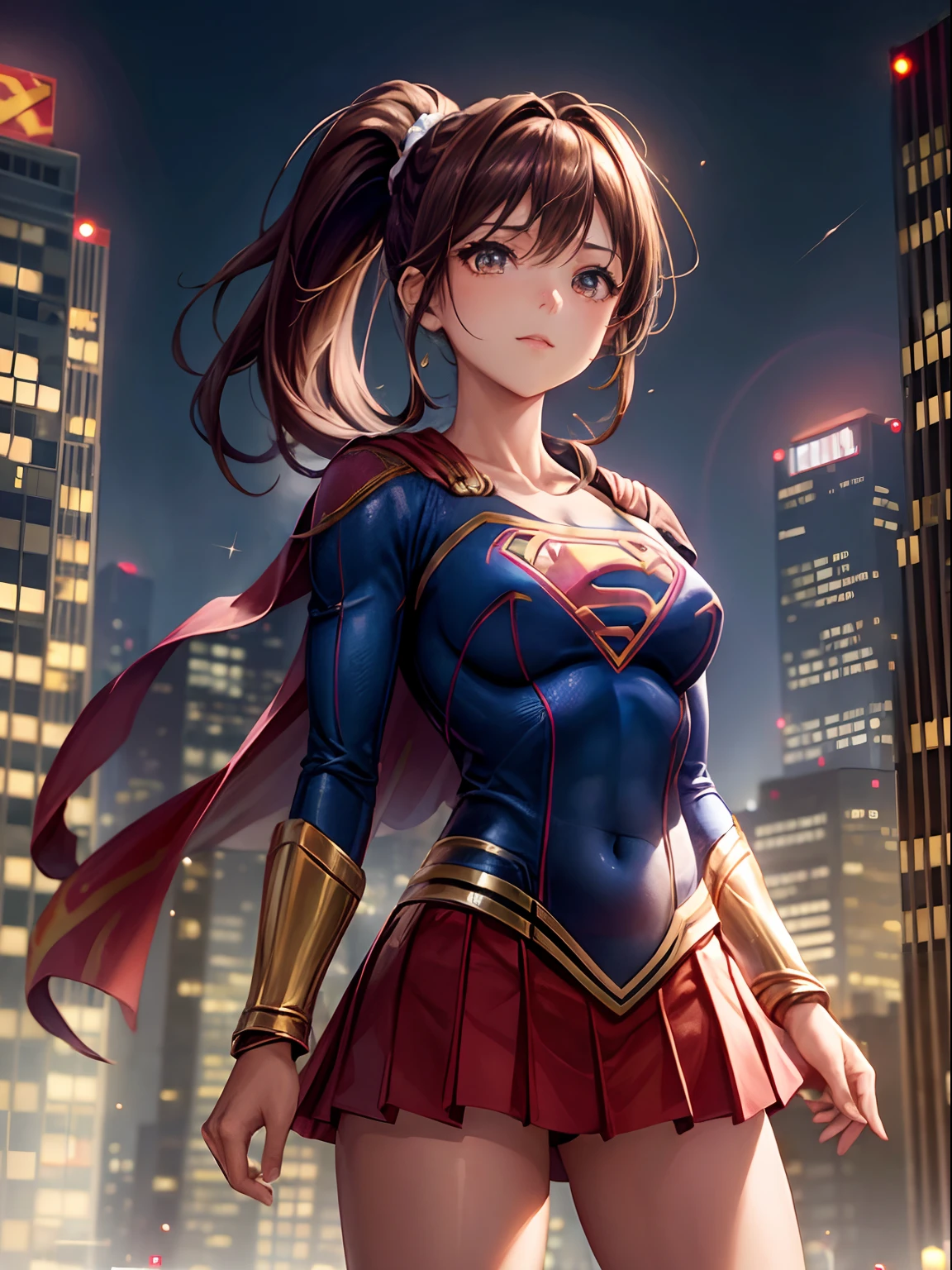 top-quality、Full limbs、complete fingers、one beautiful women、Beautiful Large Breasts、((Neck-length ponytail))、Brown hair、((Supergirl Costumes))、night skyscraper、Crisp face、Brave face、composition seen from below