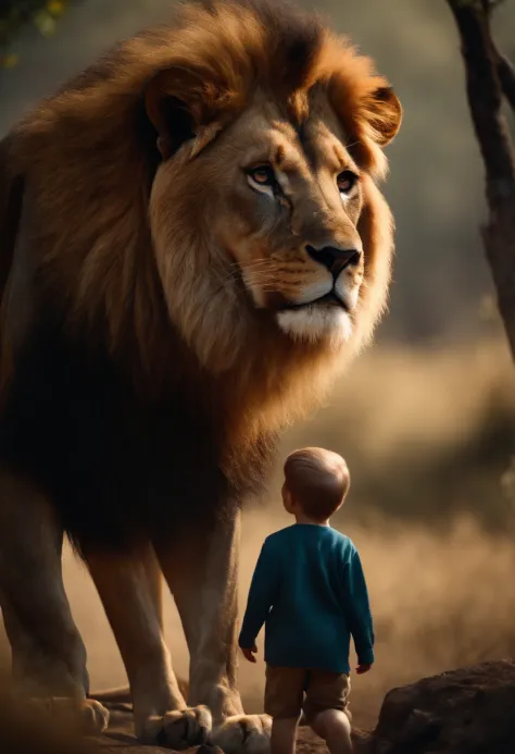 a lion with a boy, Cinematic and realistic image with a very detailed environment