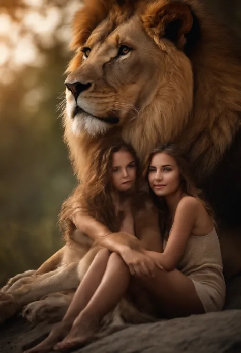 A lion and a girl, Girl near the lion Cinematic and realistic image with a very detailed environment
