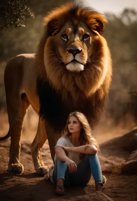 A lion and a girl, Girl near the lion Cinematic and realistic image with a very detailed environment