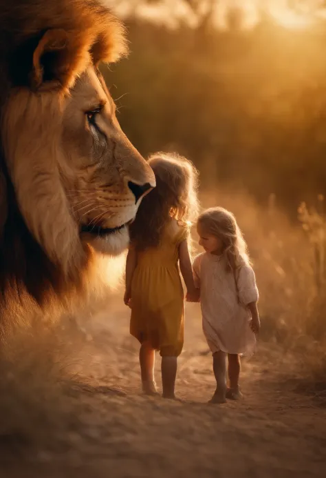 a lion and a 6-year-old girl, 6-year-old girl near the lion Cinematic and realistic image with a very detailed environment