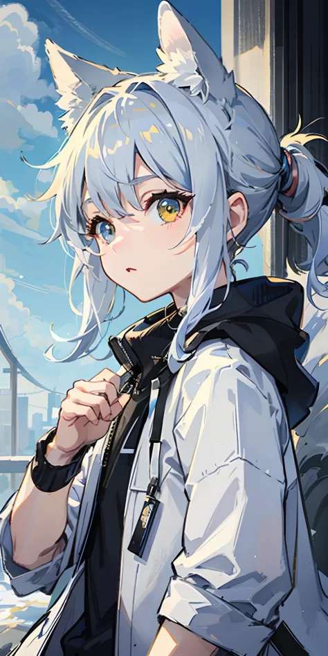 1boy，Shota，(high-definition quality，Masterpiece level)，（Heterochromatic eyes and the color of light blue hair echo each other），with clean lines，tmasterpiece, （lightblue hair）, Heterochromic eyes,(Wolf ears),(Wolf tail)，（（One tail）），（A young boy with），Lean ...