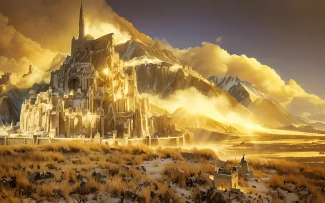 The magnificent city of Minas Tirith bathed in the ethereal glow of dawn. Towering white walls adorned with intricate carvings, ...