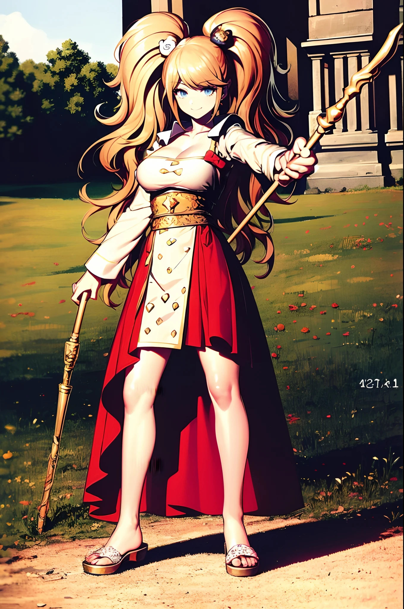 Anime girl with long blonde hair and a red cape holding a stick - SeaArt AI