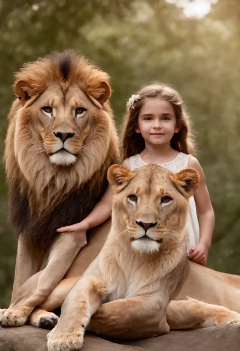 a lion and a 6-year-old girl, 6-year-old girl near lion, girl looking at camera, Cinematic and realistic image with a very detailed environment