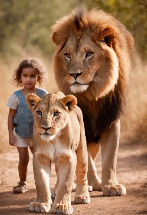 a lion and a 6-year-old girl, 6-year-old girl near lion, girl looking at camera, Cinematic and realistic image with a very detailed environment