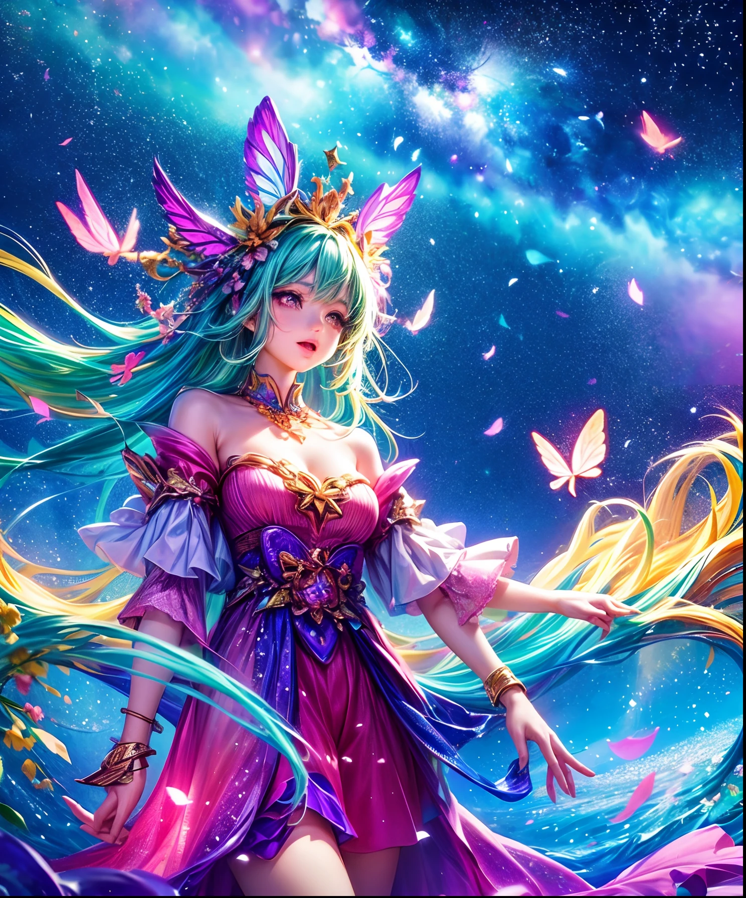 Cute girl characters、Depicts a scene of lush butterflies flying over the water, Looking up at the starry sky. Surround her with colorful nebulae and colorful forests.