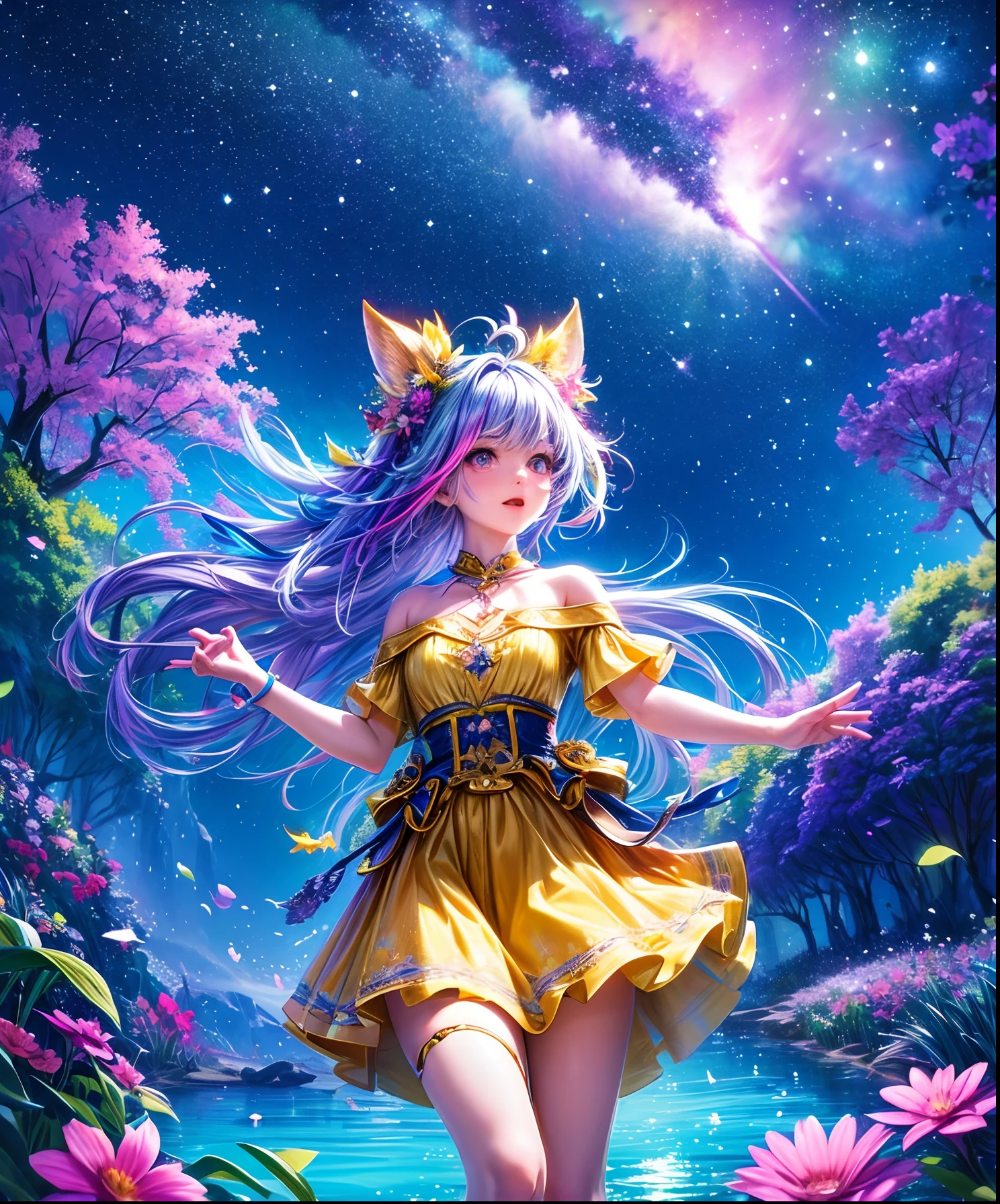 Cute girl characters、Depicts a scene of lush butterflies flying over the water, Looking up at the starry sky. Surround her with colorful nebulae and colorful forests.