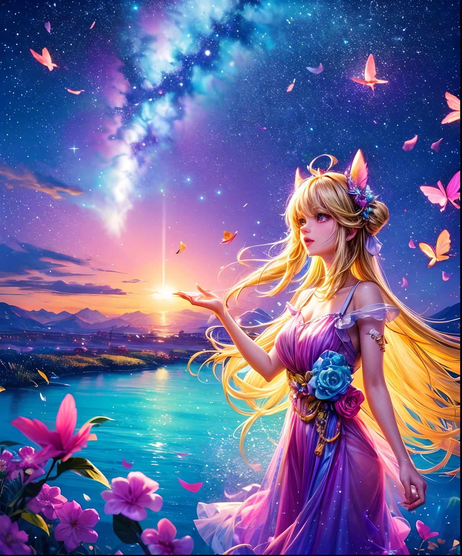 Cute girl characters、Depicts a scene of lush butterflies flying over the water, Looking up at the starry sky. Surround her with colorful nebulae and colorful forests.