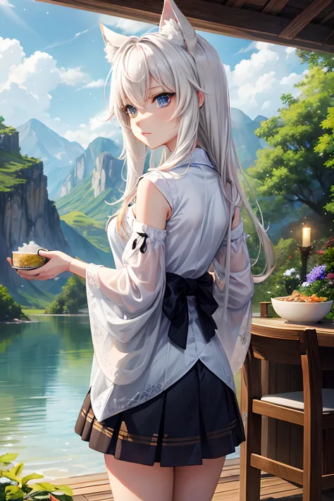 female, neko, bowl of rice in hand, （（tmasterpiece）），（（best qualtiy）），（（high detal）），（（Realistis，））（（ultra - detailed ),   lake,...