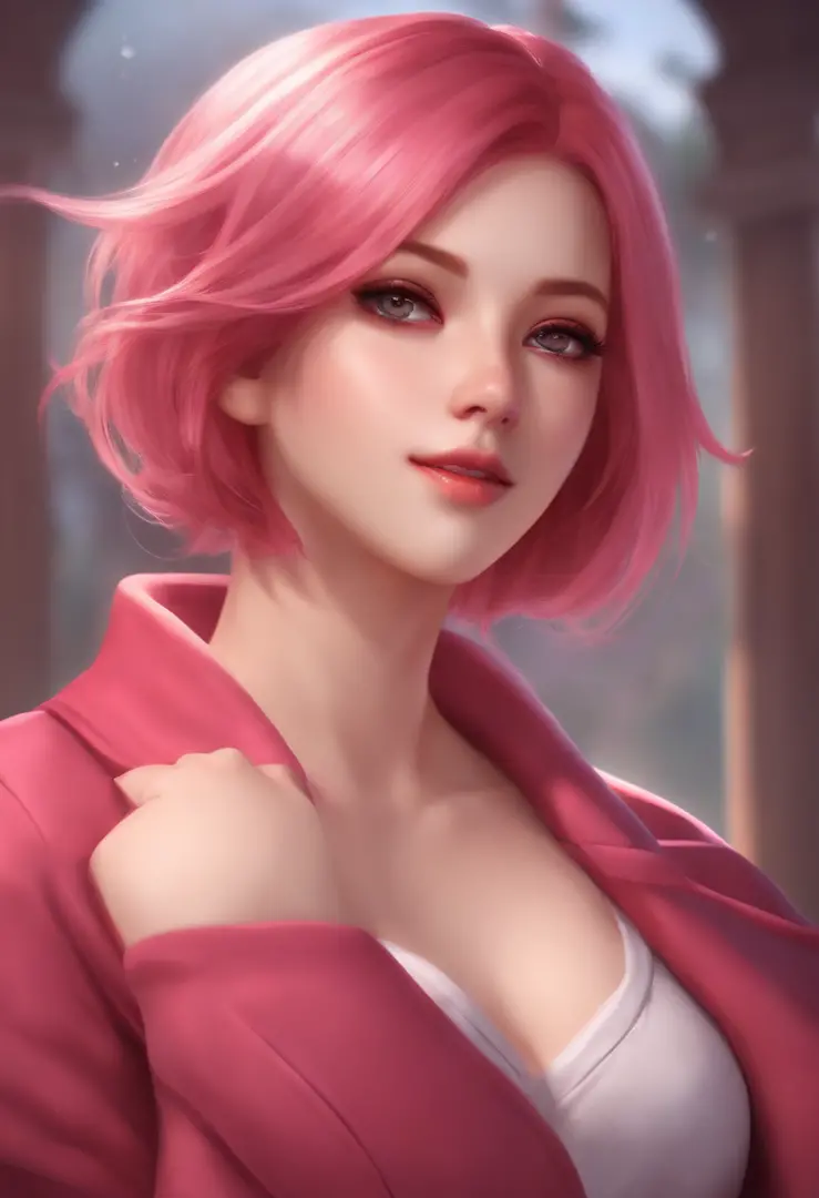 Sakura Haruno, Seductive, ((The forehead to display)), Attractive, Sexy eyes, Red coat, Pink hair, Delicate, Young, Short hair, Detailed face, High definition, full bodyesbian, from league of legends, Trend at Artstation