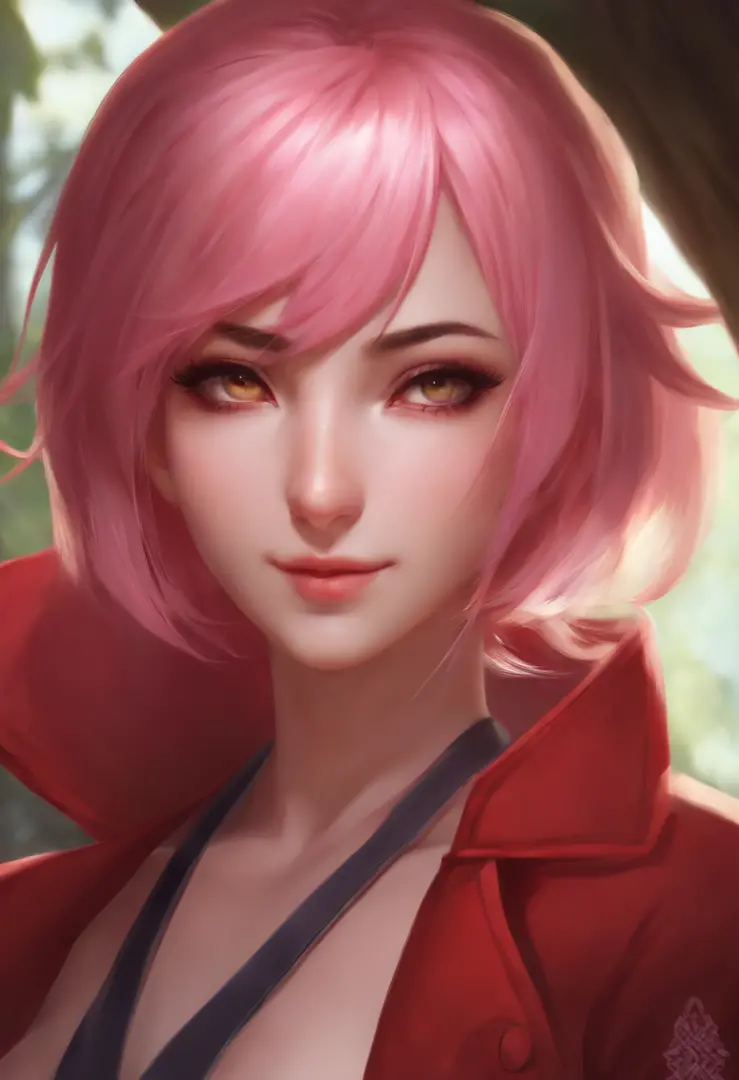 Sakura Haruno, Seductive, ((The forehead to display)), Attractive, Sexy eyes, Red coat, Pink hair, Delicate, Young, Short hair, Detailed face, High definition, full bodyesbian, from league of legends, Trend at Artstation