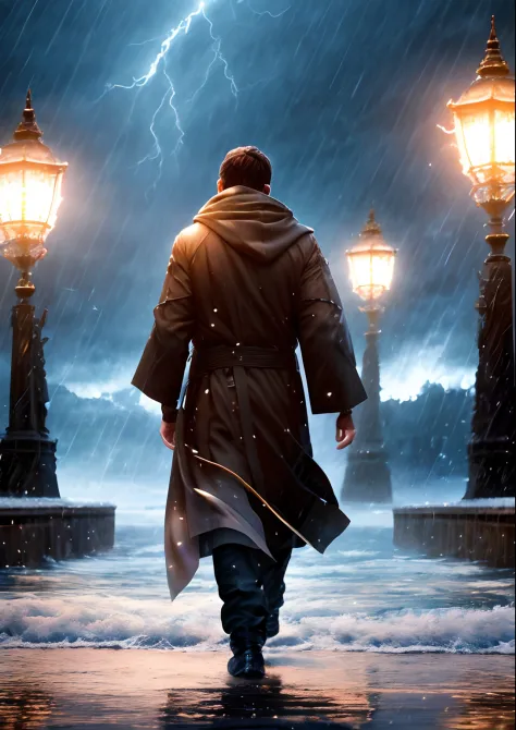 Prophet walking on water in a storm, gentle expression, streaks of light coming down from the sky, masterpiece, highest quality, high quality, highly detailed CG unit 8k wallpaper, award-winning photos, bokeh, depth of field, HDR, bloom, chromatic aberrati...