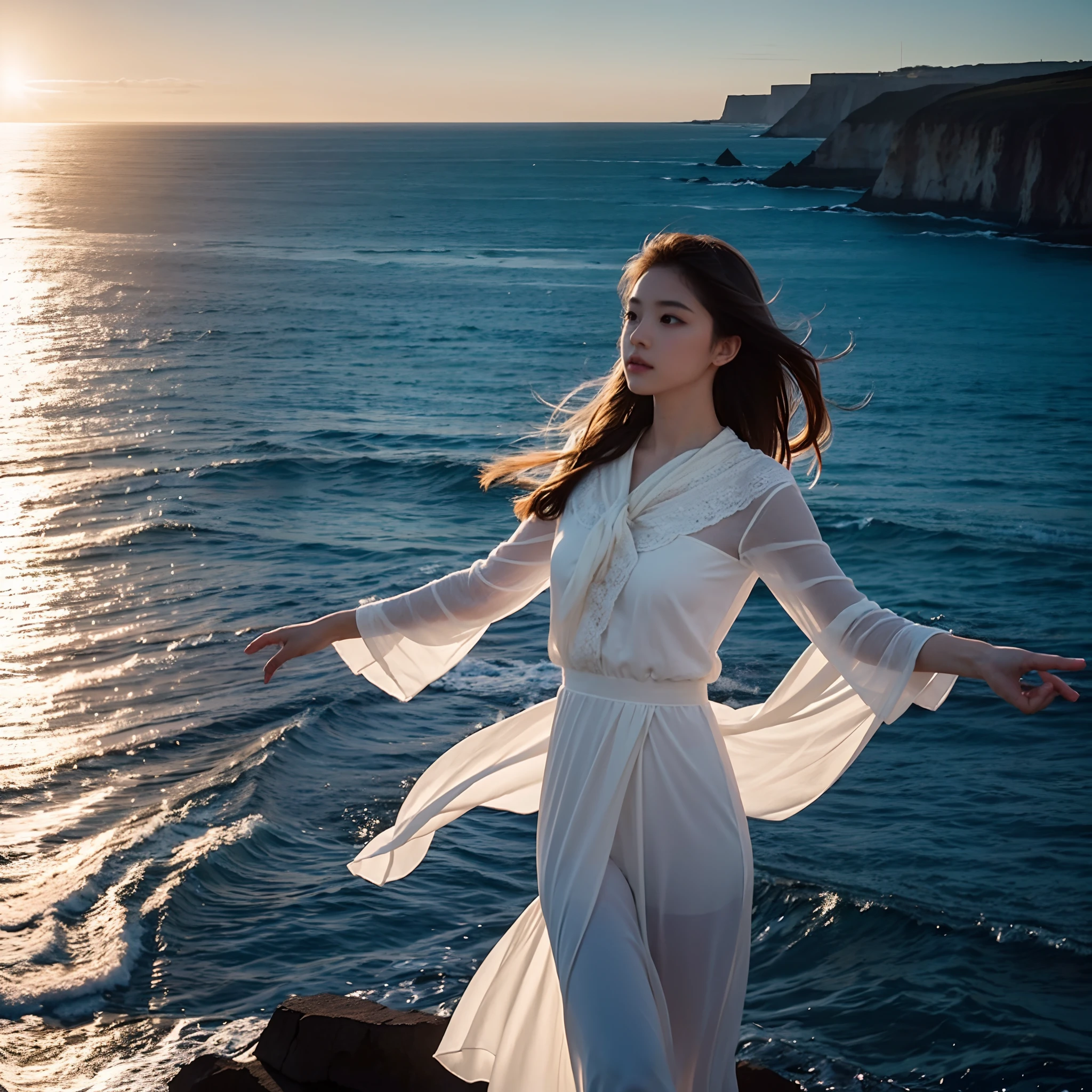 Una mujer con un vestido blanco parada sobre una roca cerca del océano -  SeaArt AI