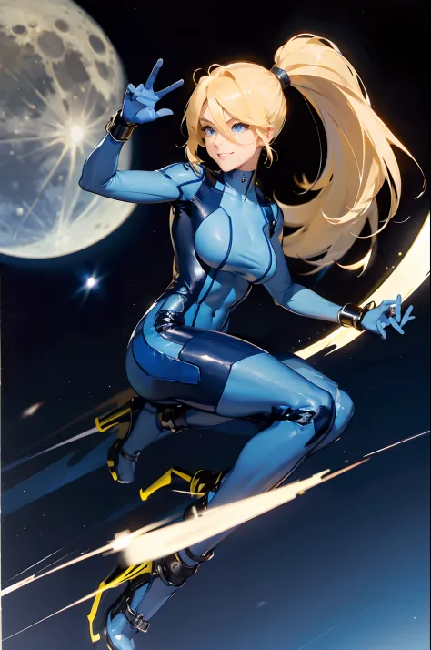 ponytail, hair tie, blue gloves, blue bodysuit, high heels,doing cool pose,moon in the background,huge smile,blond hair,waist fo...